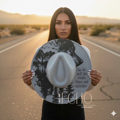 Wolf Energy  Engraved Vegan Suede Wide Brim Fedora