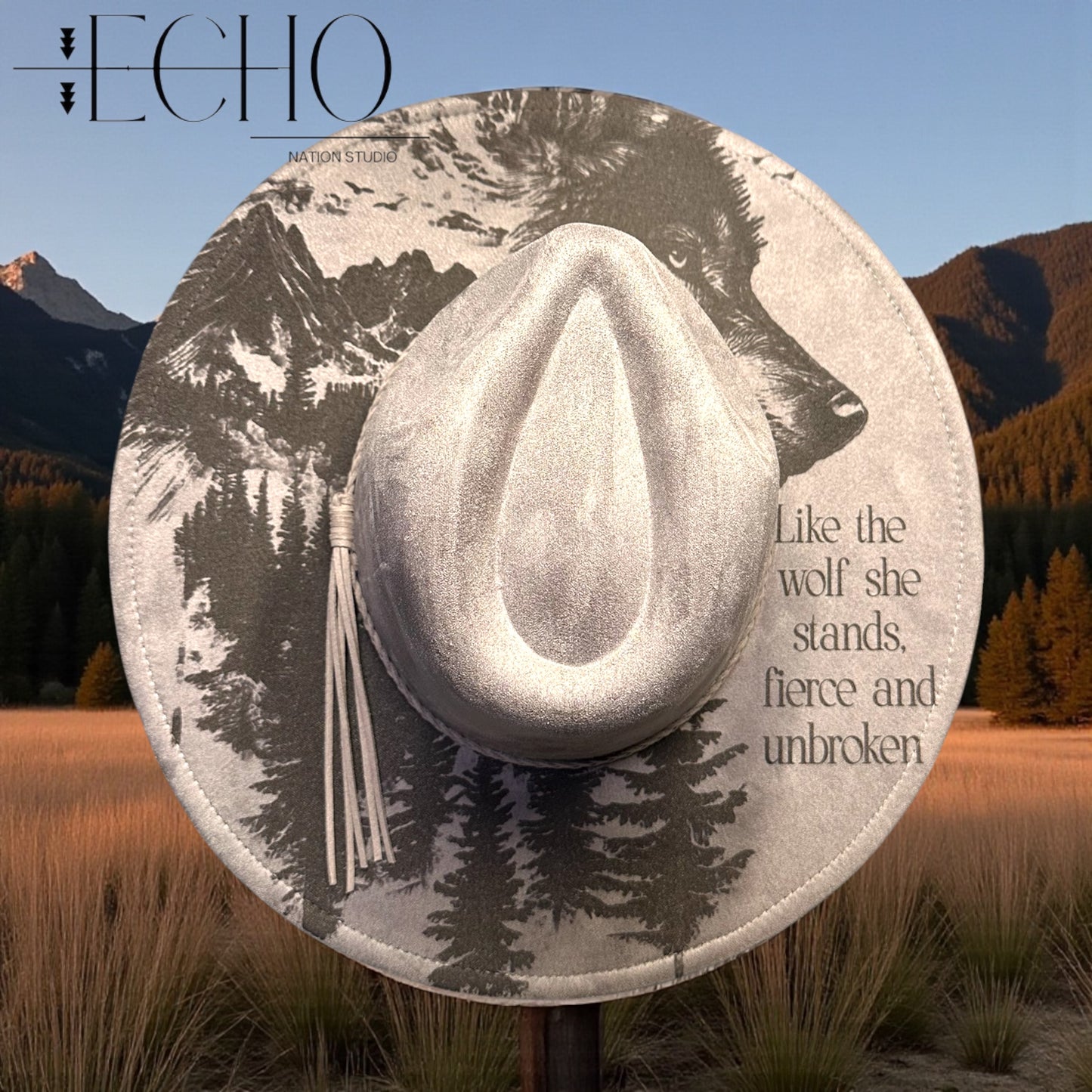 Wolf Energy  Engraved Vegan Suede Wide Brim Fedora