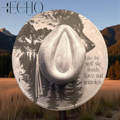 Wolf Energy  Engraved Vegan Suede Wide Brim Fedora