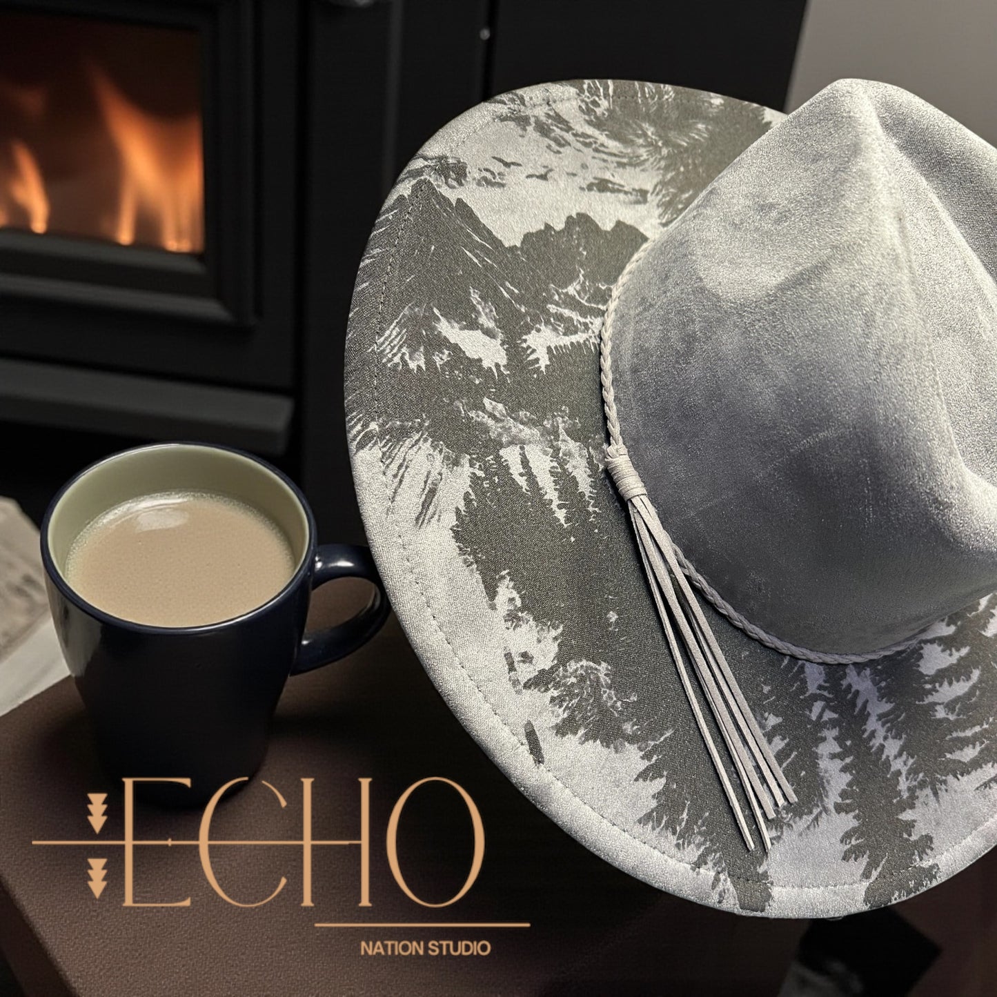 Wolf Energy  Engraved Vegan Suede Wide Brim Fedora