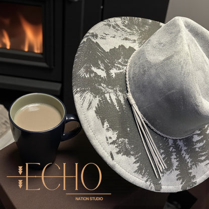 Wolf Energy  Engraved Vegan Suede Wide Brim Fedora