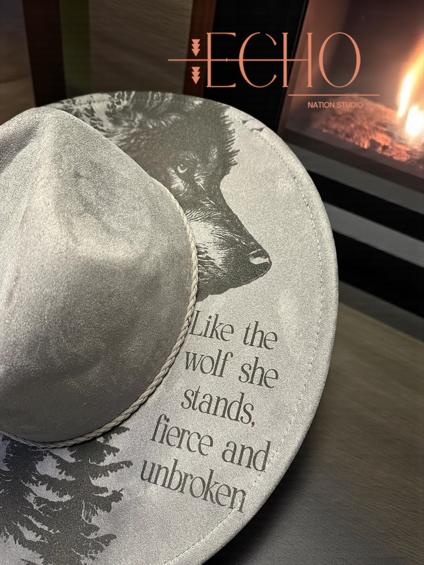 Wolf Energy  Engraved Vegan Suede Wide Brim Fedora