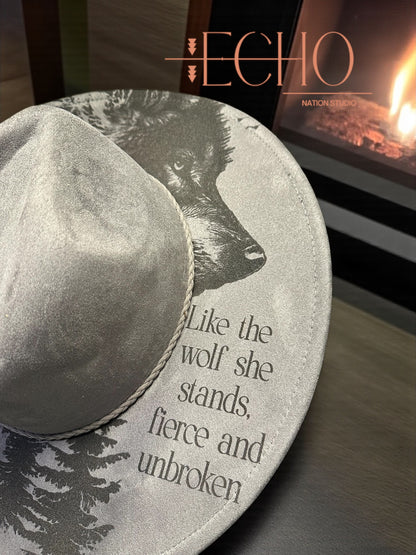 Wolf Energy  Engraved Vegan Suede Wide Brim Fedora