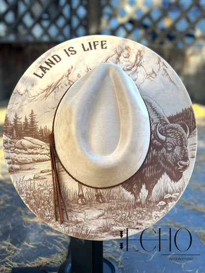 Buffalo Mountain Land is Life Engraved Hat