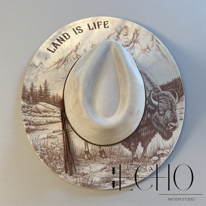 Buffalo Mountain Land is Life Engraved Hat